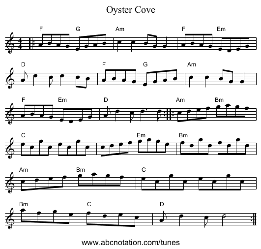 Oyster Cove - staff notation