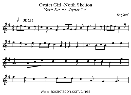 Oyster Girl -North Skelton - staff notation