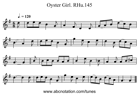 Oyster Girl. RHu.145 - staff notation
