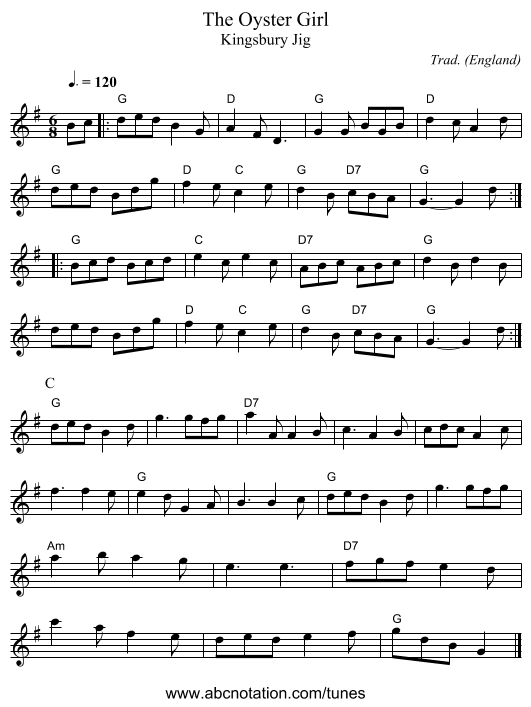 Oyster Girl, The - staff notation