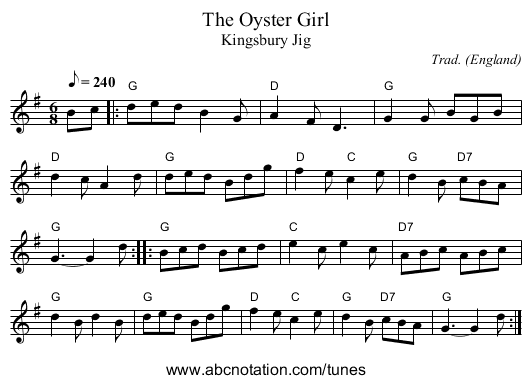 Oyster Girl, The - staff notation