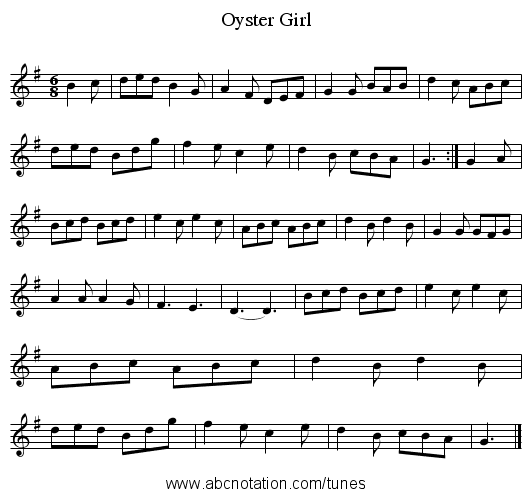 Oyster Girl - staff notation