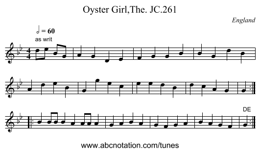 Oyster Girl,The. JC.261 - staff notation