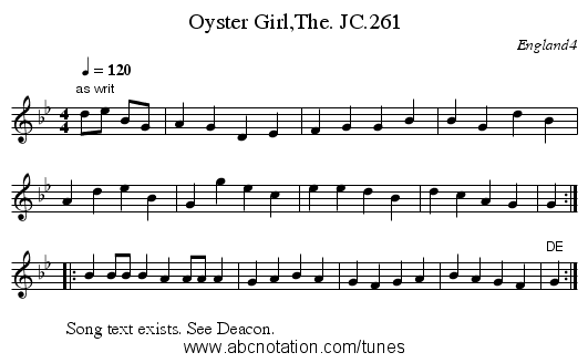 Oyster Girl,The. JC.261 - staff notation
