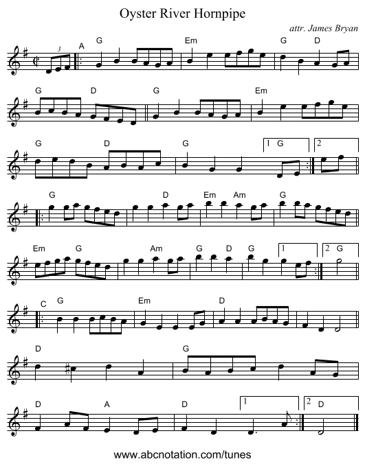 Oyster River Hornpipe - staff notation
