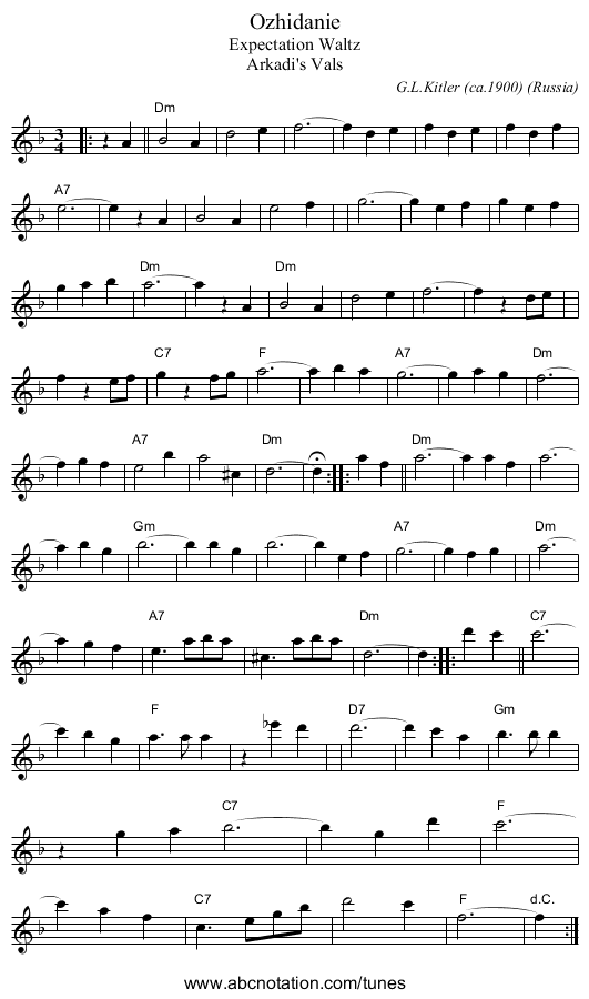 Ozhidanie - staff notation