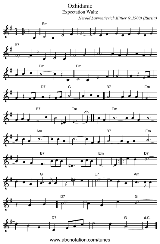 Ozhidanie - staff notation