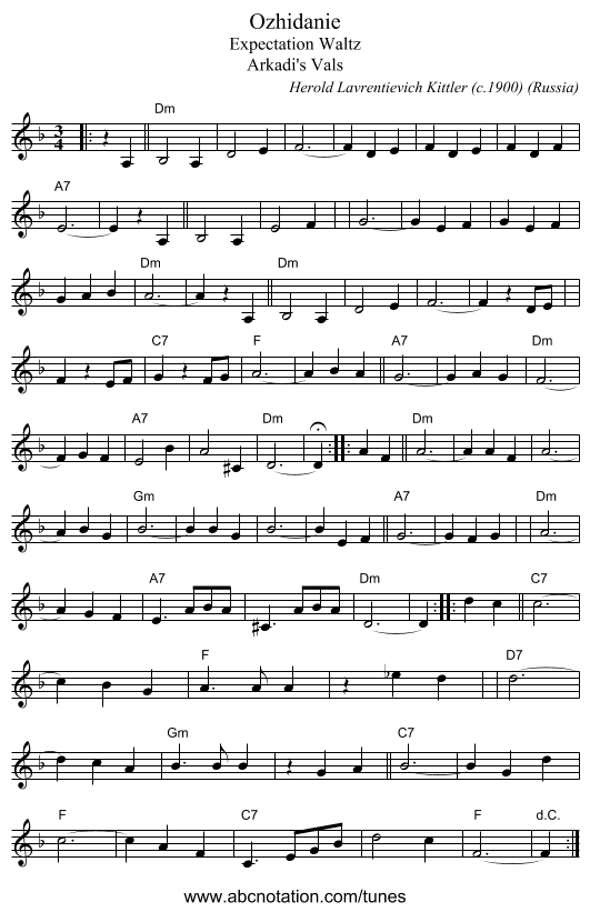 Ozhidanie - staff notation