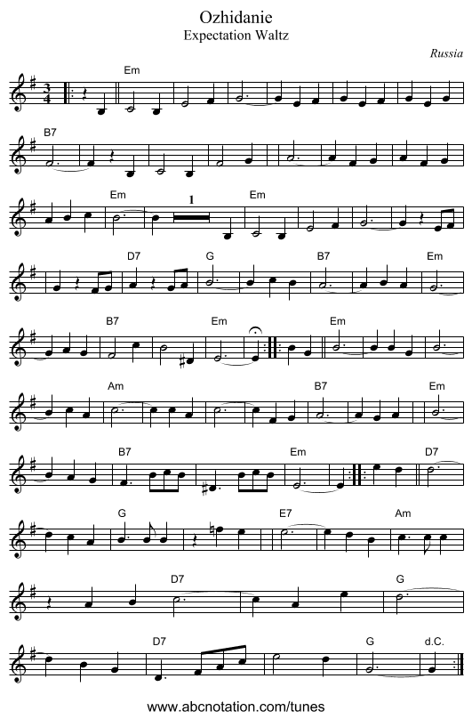 Ozhidanie - staff notation