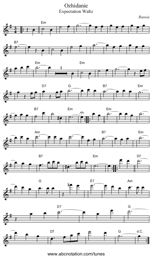 Ozhidanie - staff notation