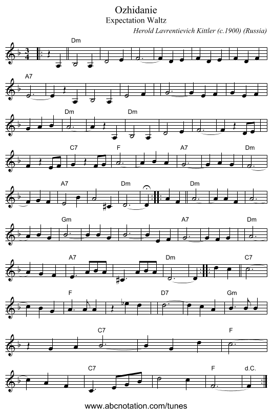 Ozhidanie - staff notation