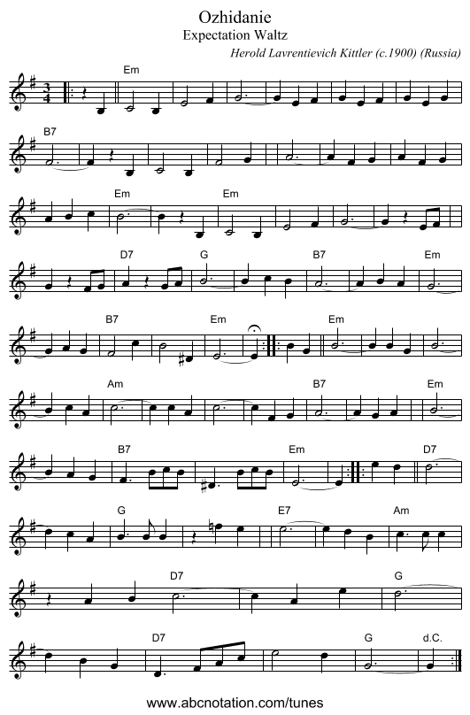 Ozhidanie - staff notation