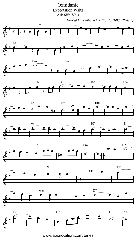 Ozhidanie - staff notation