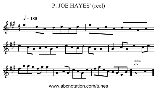 P. JOE HAYES' (reel) - staff notation