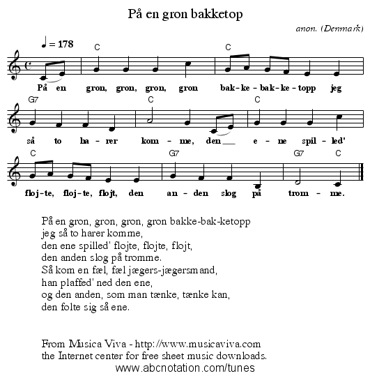P&aring; en gr&oslash;n bakketop - staff notation