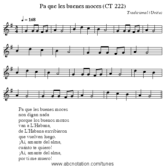 Pa que les buenes moces (CT 222) - staff notation