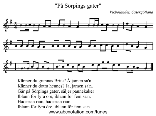 På Sörpings gater - staff notation