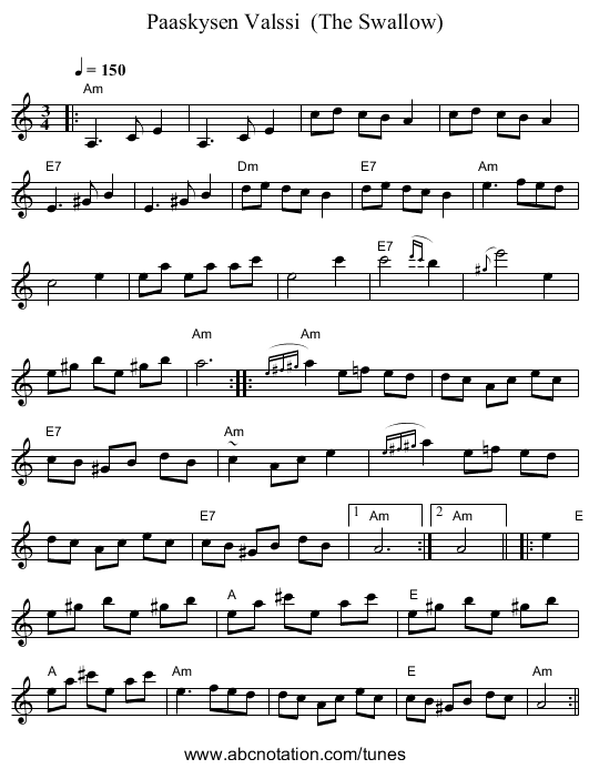 Paaskysen Valssi  (The Swallow) - staff notation