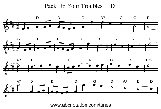 Pack Up Your Troubles    [D] - staff notation