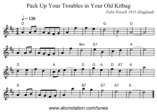 Pack Up Your Troubles in Your Old Kitbag - staff notation
