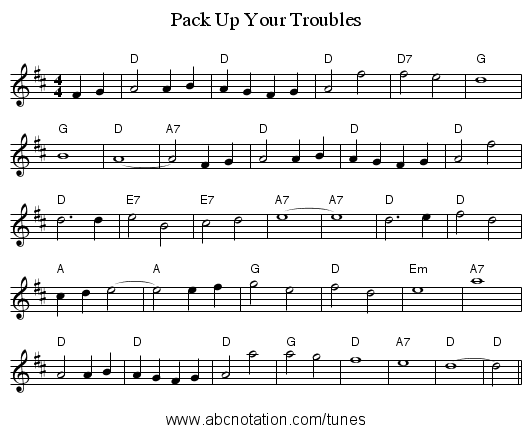 Pack Up Your Troubles - staff notation