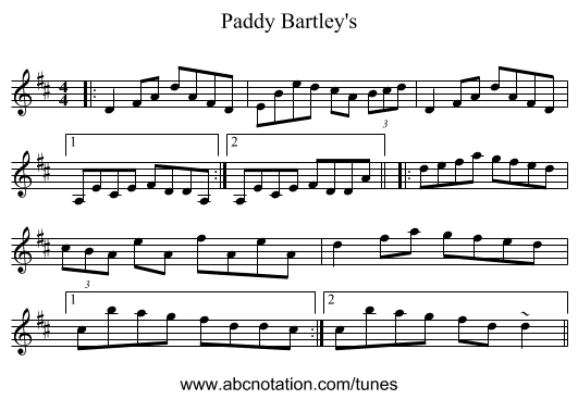 Paddy Bartley's - staff notation