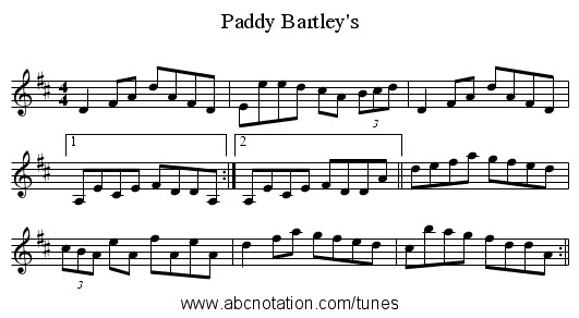 Paddy Bartley's - staff notation
