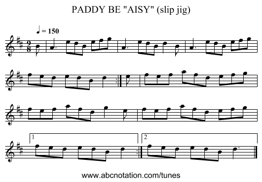PADDY BE AISY (slip jig) - staff notation