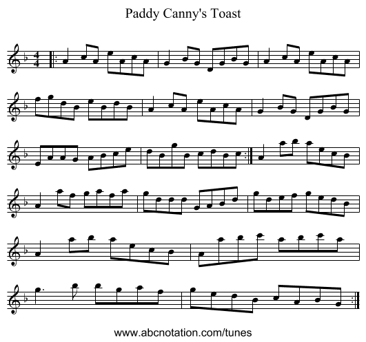 Paddy Canny's Toast - staff notation