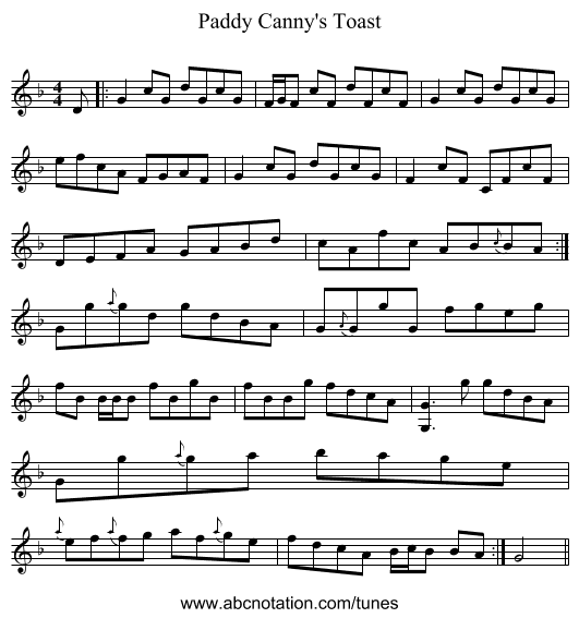 Paddy Canny's Toast - staff notation