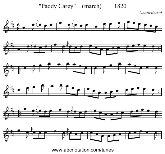 Paddy Carey (march) 1820 - staff notation