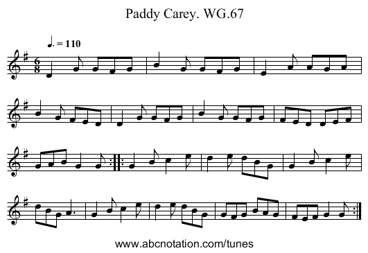Paddy Carey. WG.67 - staff notation