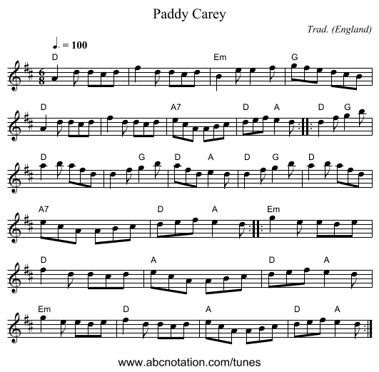 Paddy Carey - staff notation