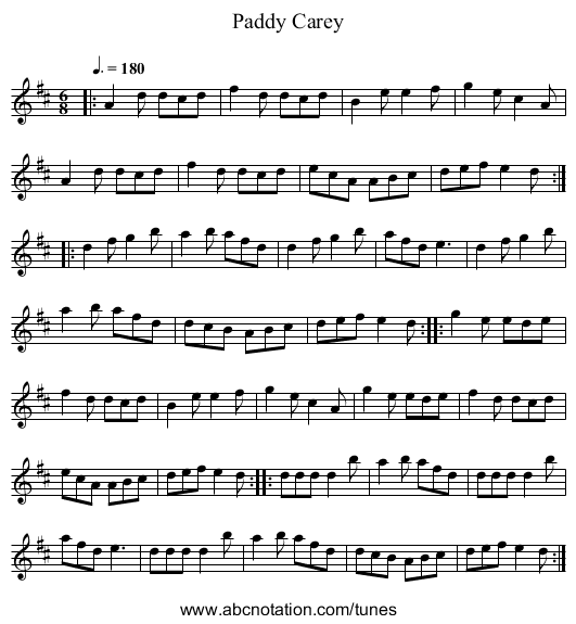 Paddy Carey - staff notation