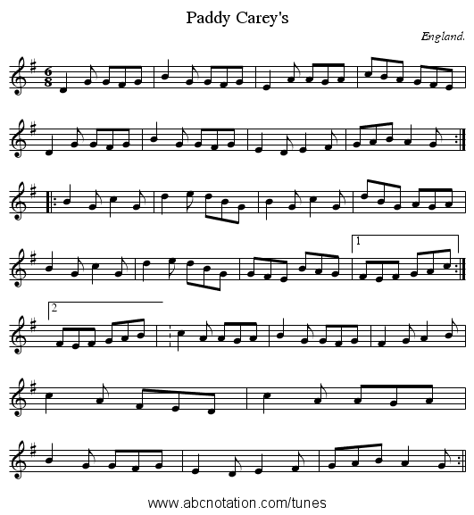 Paddy Carey's - staff notation