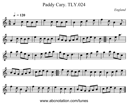 Paddy Cary. TLY.024 - staff notation