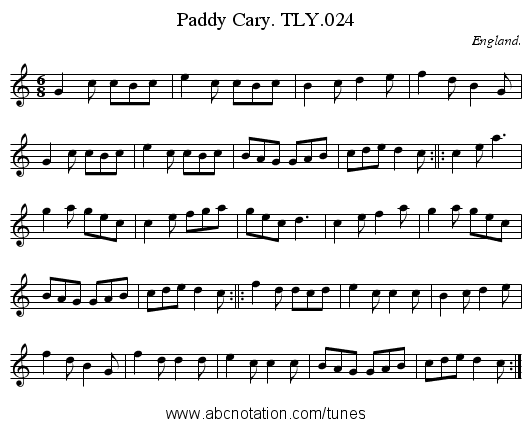Paddy Cary. TLY.024 - staff notation