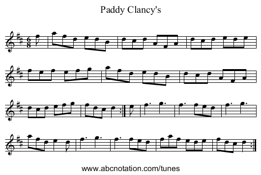 Paddy Clancy's - staff notation