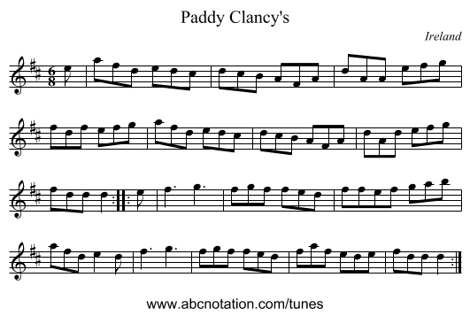 Paddy Clancy's - staff notation