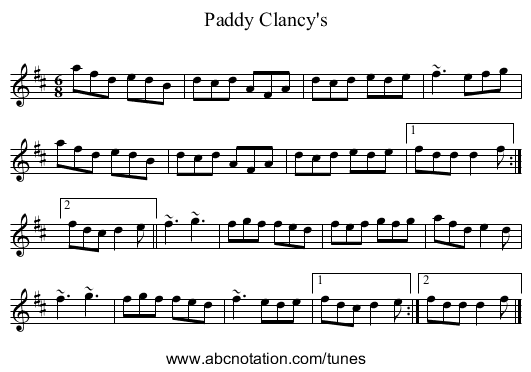 Paddy Clancy's - staff notation