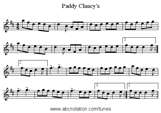 Paddy Clancy's - staff notation
