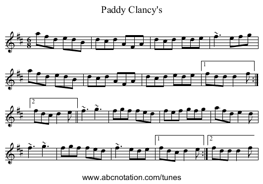 Paddy Clancy's - staff notation