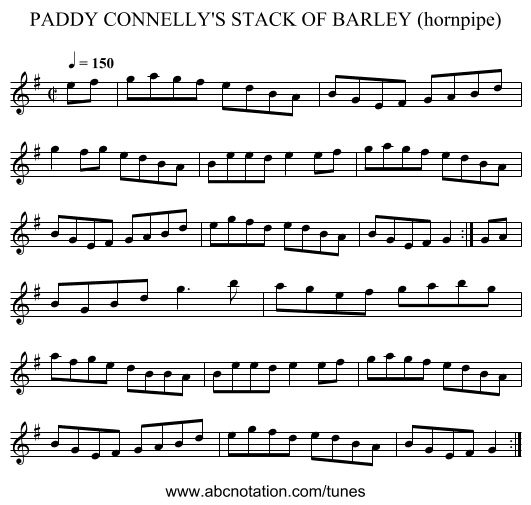 PADDY CONNELLY'S STACK OF BARLEY (hornpipe) - staff notation