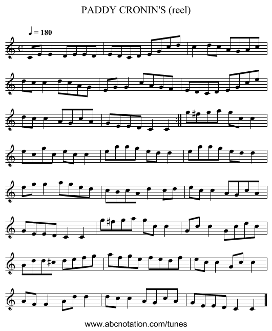 PADDY CRONIN'S (reel) - staff notation