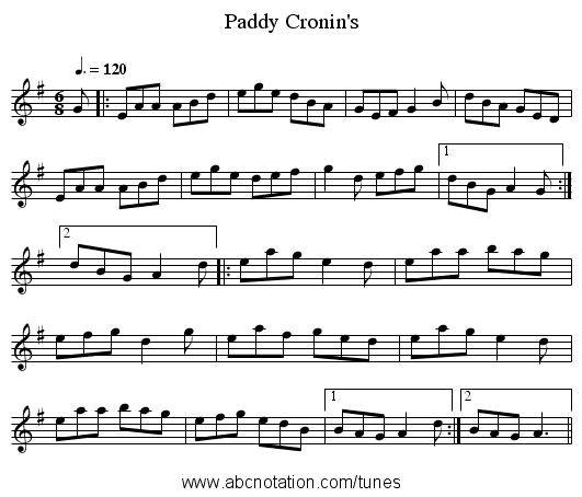 Paddy Cronin's - staff notation