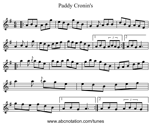Paddy Cronin's - staff notation