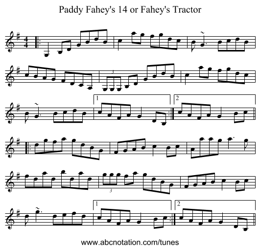 Paddy Fahey's 14 or Fahey's Tractor - staff notation