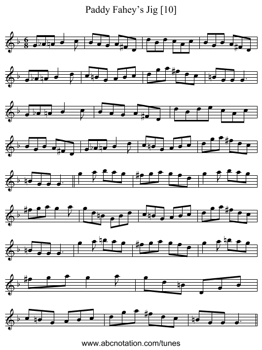 Paddy Fahey’s Jig [10] - staff notation