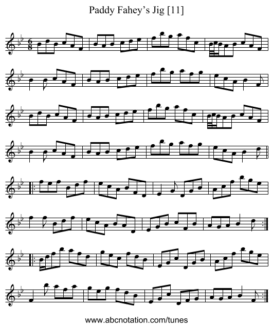 Paddy Fahey’s Jig [11] - staff notation
