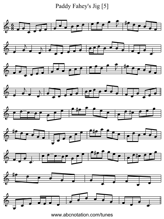 Paddy Fahey's Jig [5] - staff notation